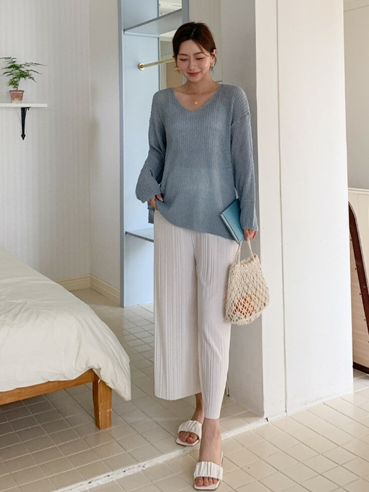 Solid Pleated Stretched Wide-Leg Pants