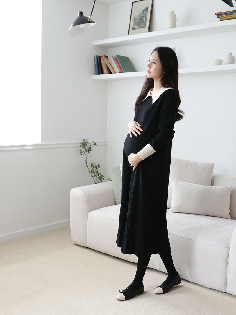 Color Block Lapel Pleated Hem Knitted Dress