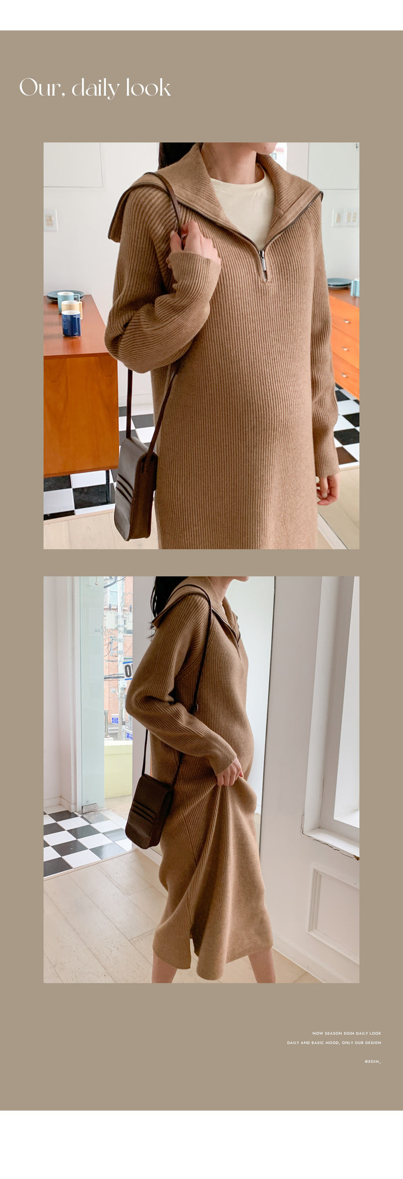 Thick Knitted Ribbing Zip Up Dress