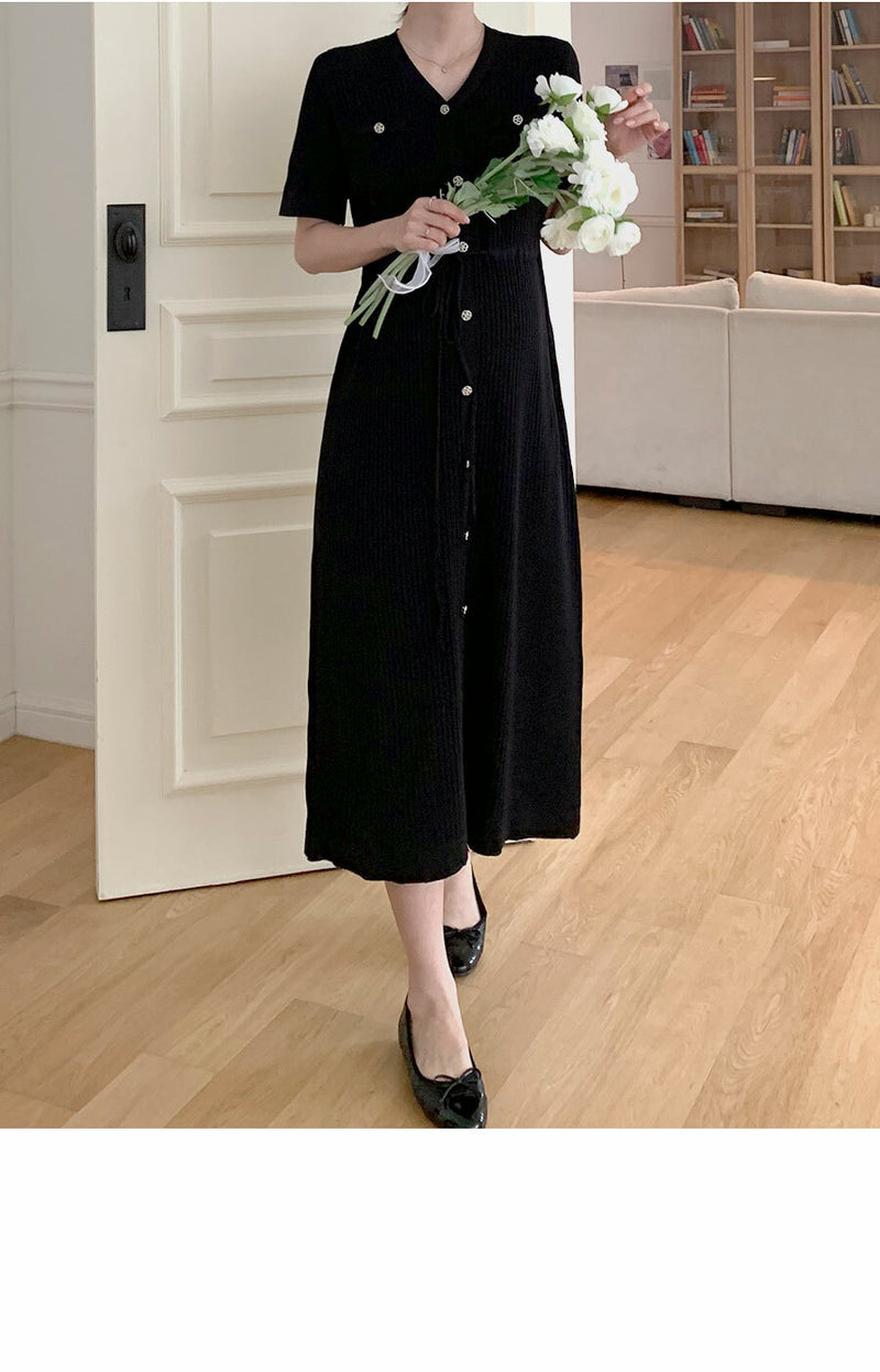 Ribbed V Neck Drawstring Dress