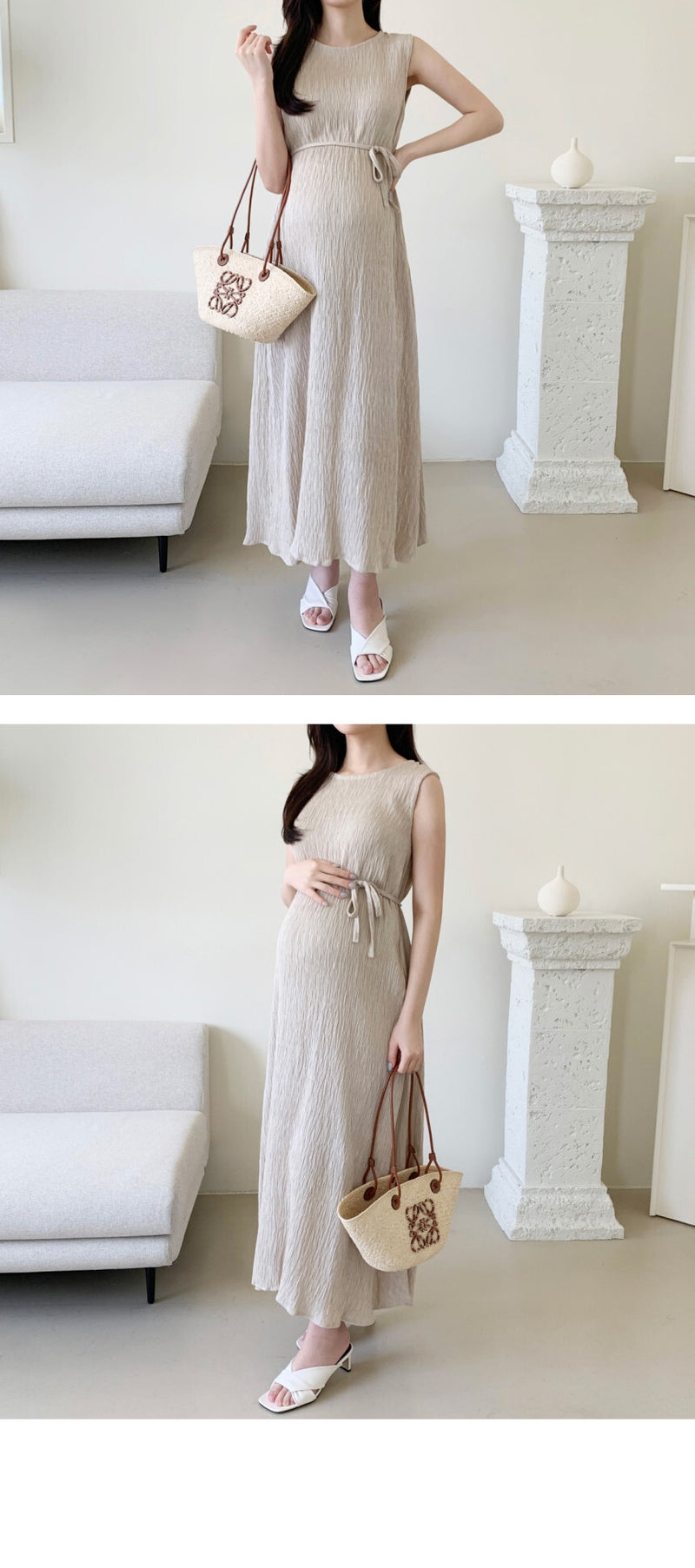 Pleated Sleeveless Dress with Waist Belt