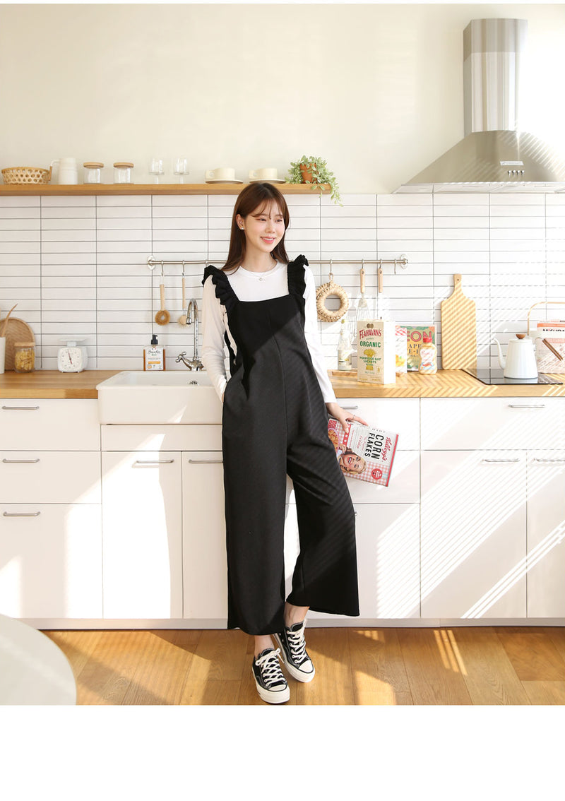 Frilled-Strap Wide-Leg Overall Pants