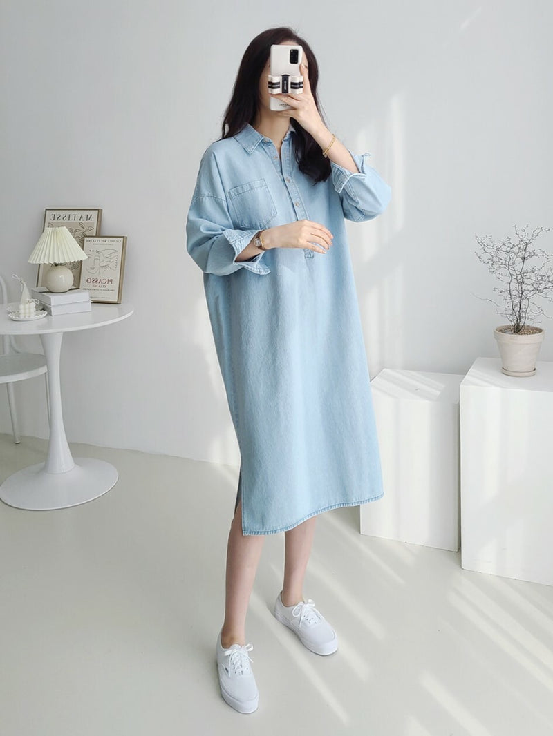 Lapel Oversized Long-Sleeved Denim Dress