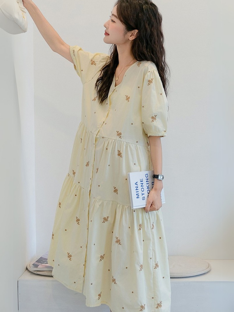 V-Neck Embroidered Layer Tiered Dress