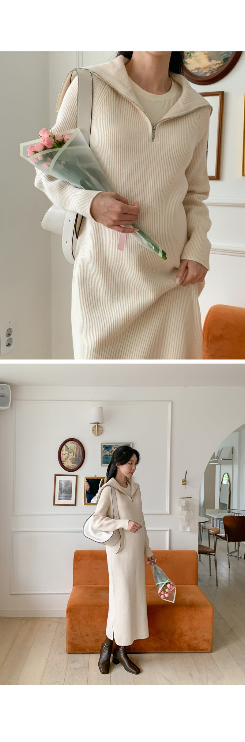 Thick Knitted Ribbing Zip Up Dress