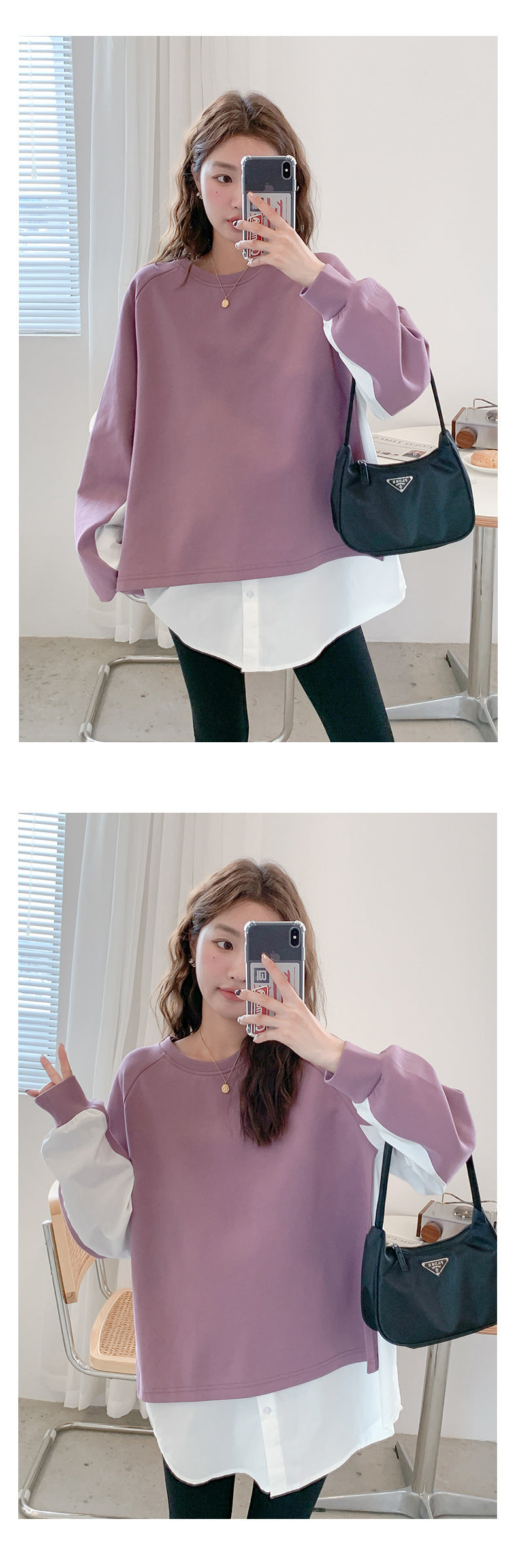 Layered-Look Loose Shoulder Slope Drop Sweatshirt