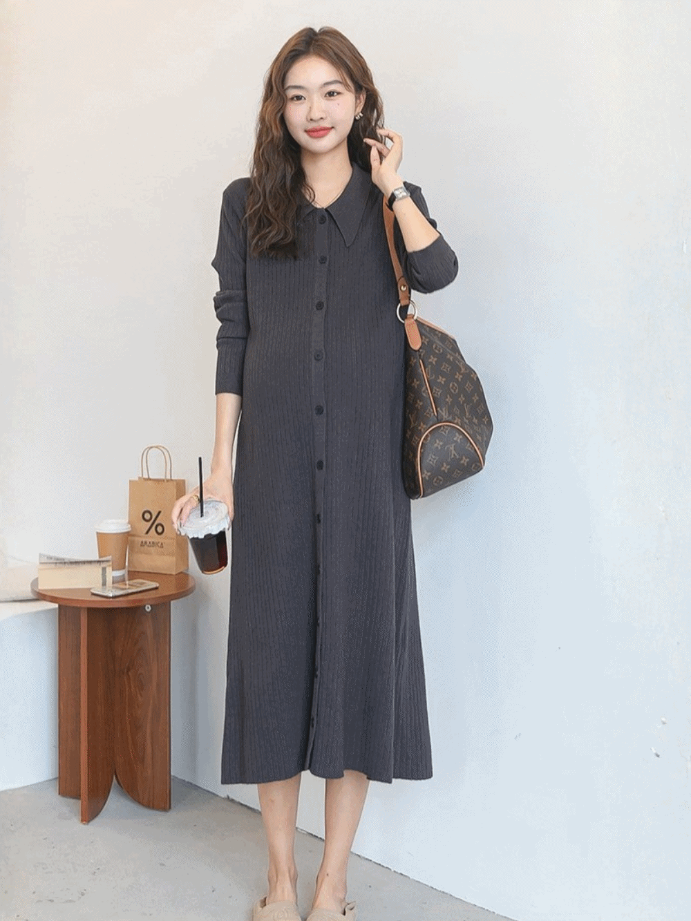 Lapel Ribbed Knit Dress