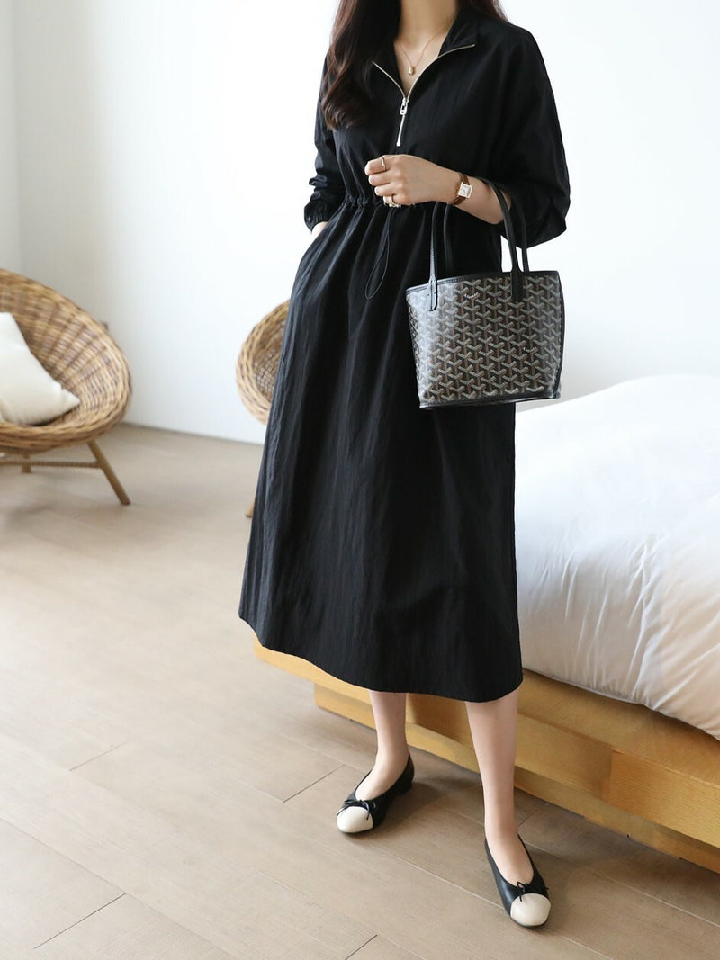 Simple Plain Color Drawstring Zip Up Dress
