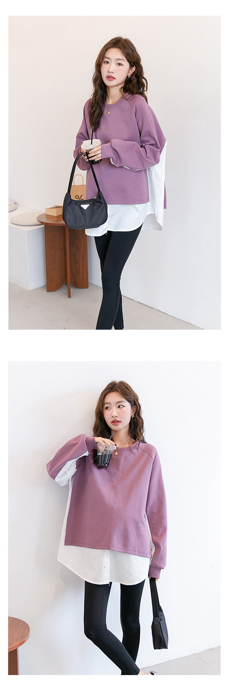 Layered-Look Loose Shoulder Slope Drop Sweatshirt