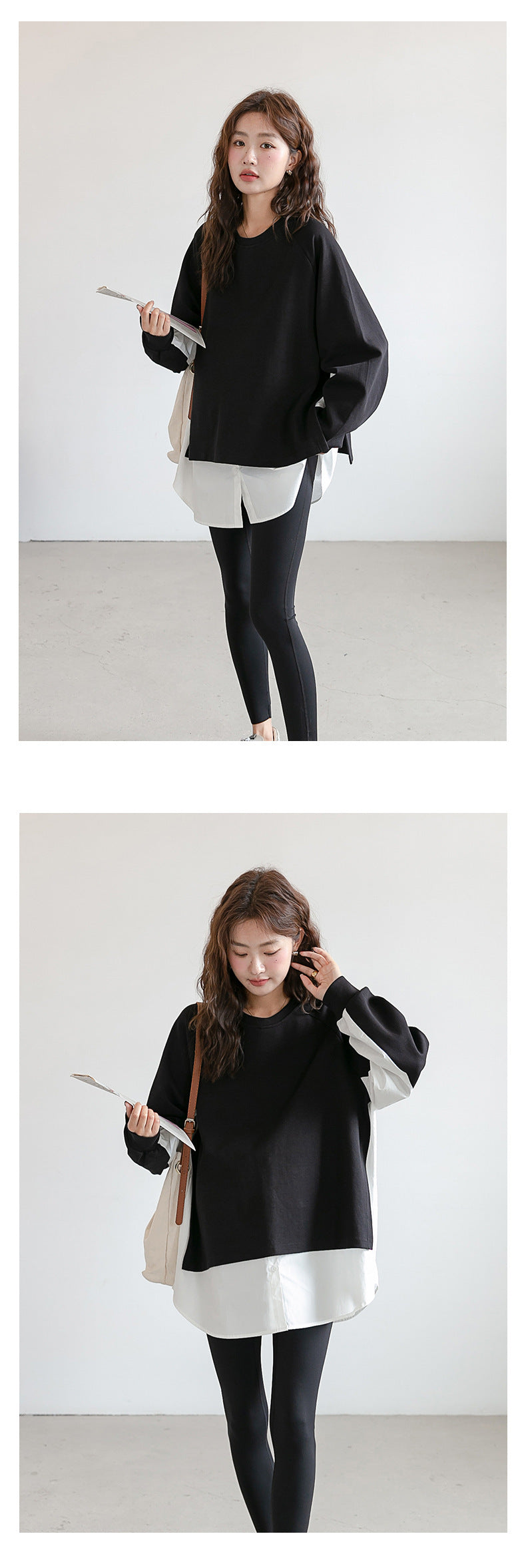 Layered-Look Loose Shoulder Slope Drop Sweatshirt