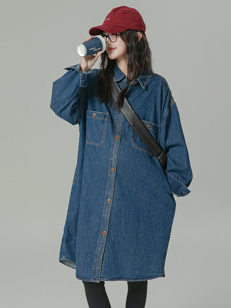 Lapel Oversized Long-Sleeved Denim Dress