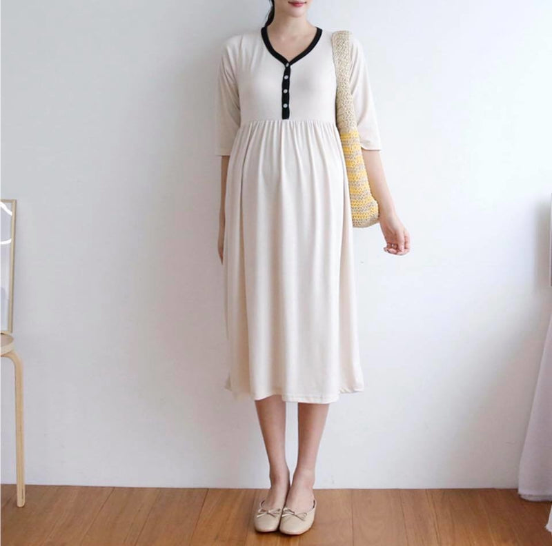 Soft Cotton Color Matching Buttoned Nursing Dress