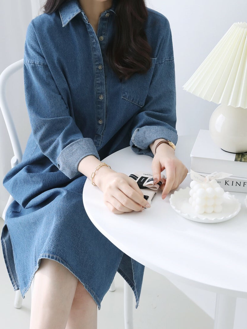 Lapel Oversized Long-Sleeved Denim Dress