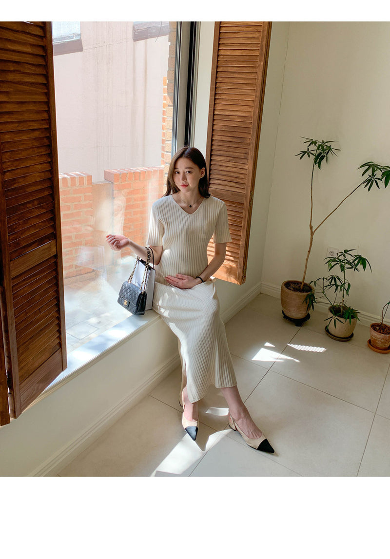 V Neck Ribbed Cooling Knit Dress