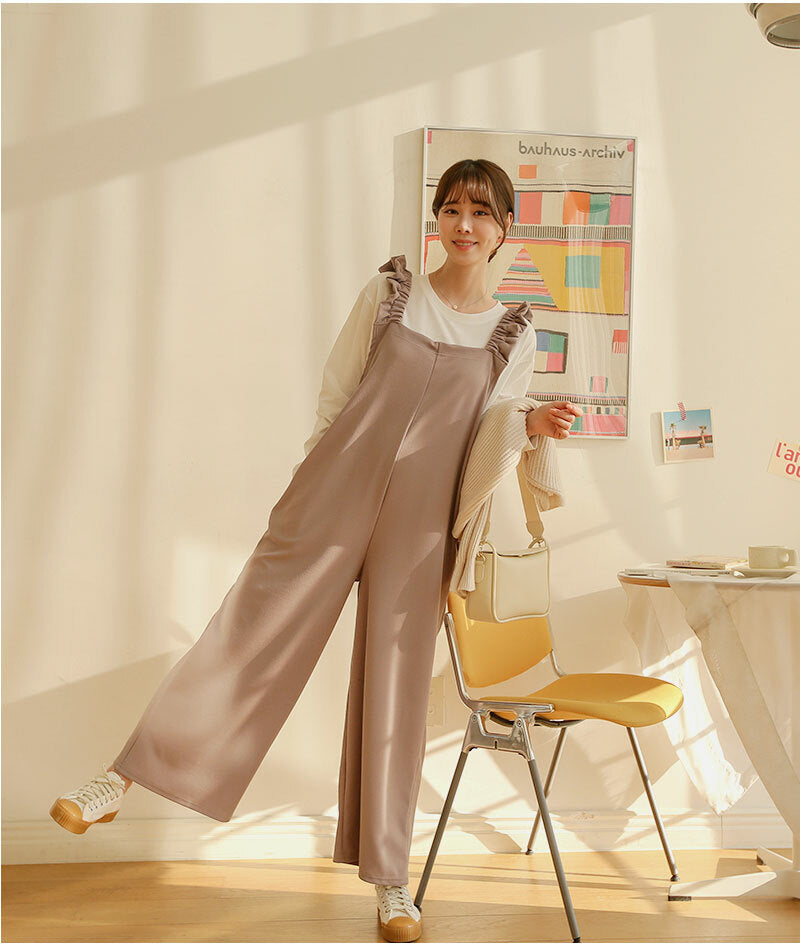 Frilled-Strap Wide-Leg Overall Pants
