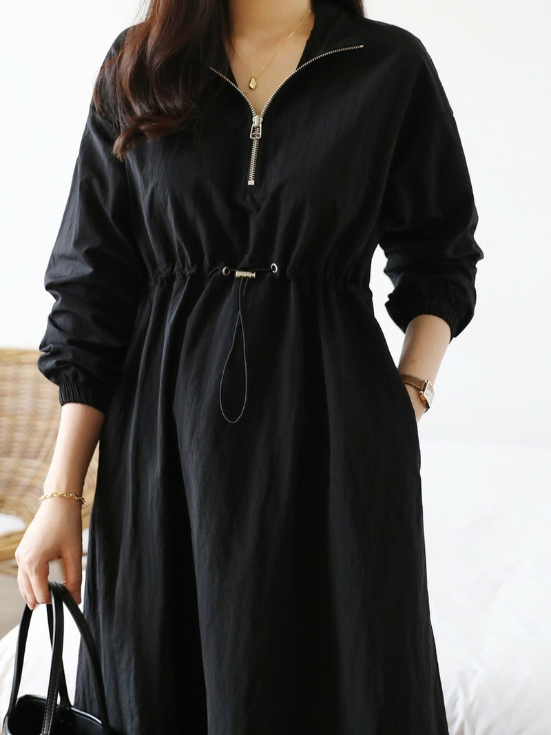 Simple Plain Color Drawstring Zip Up Dress