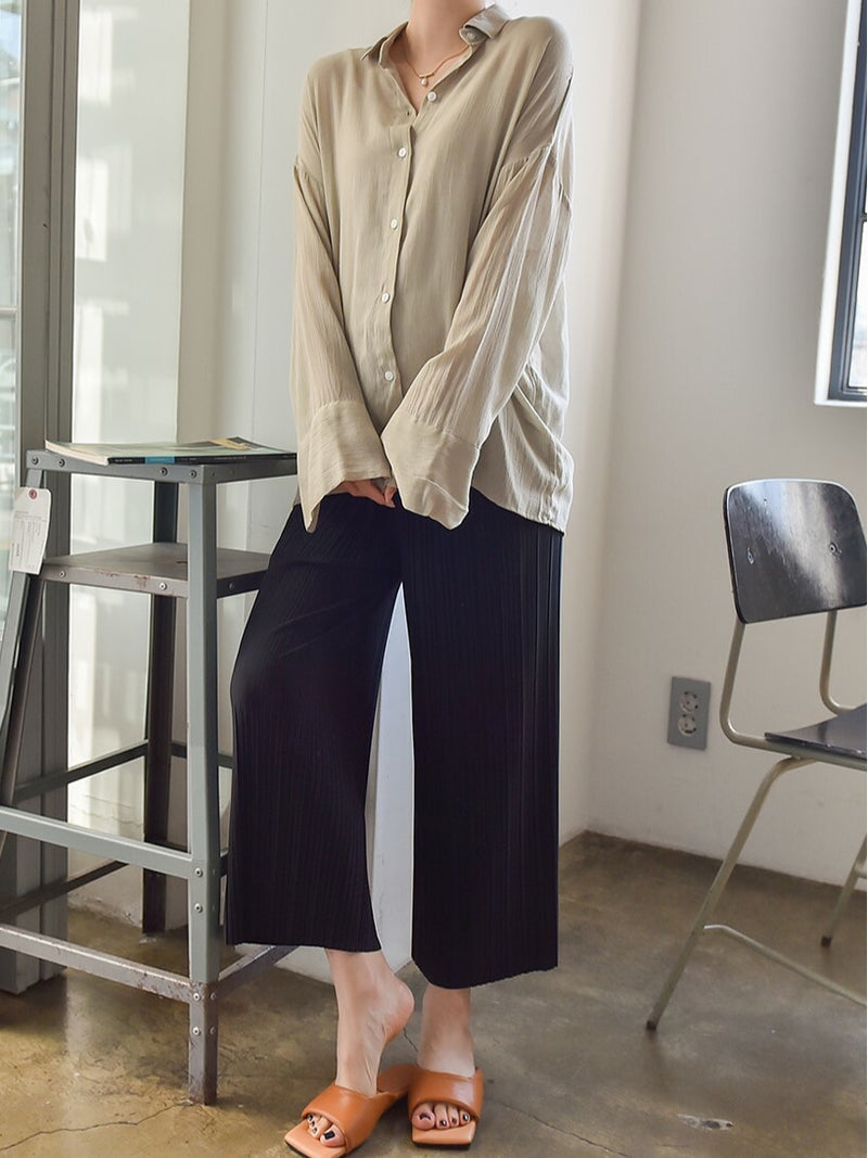 Solid Pleated Stretched Wide-Leg Pants