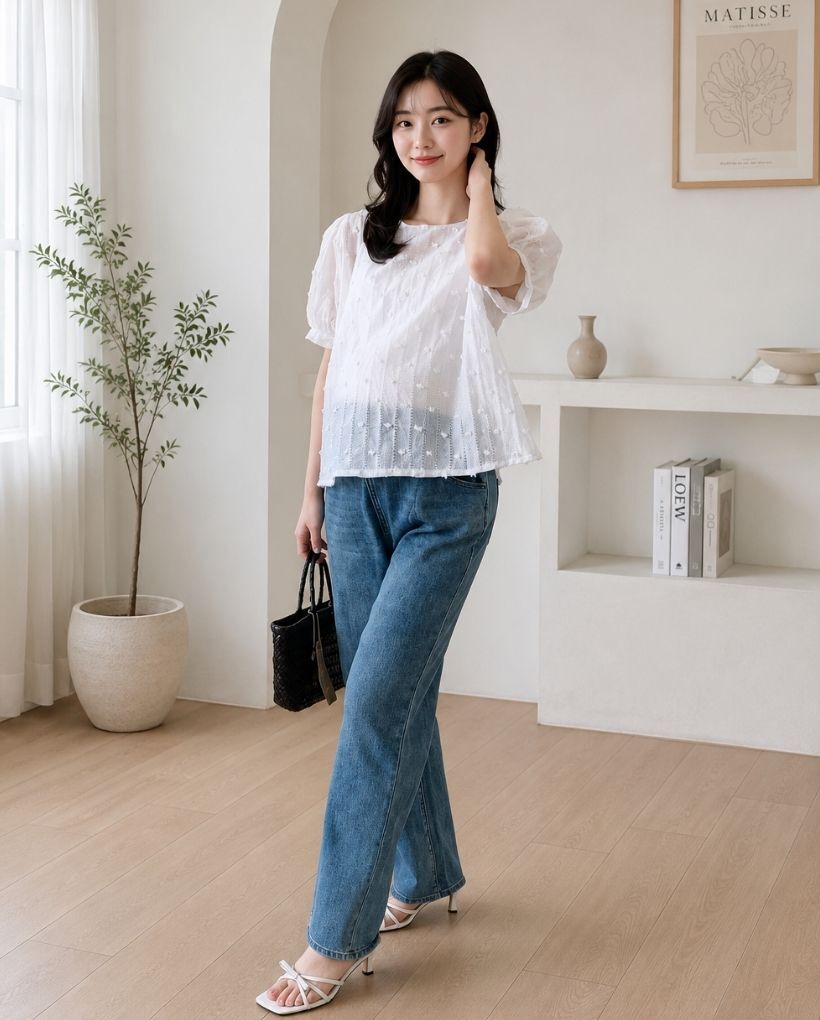 立體圓點提花泡泡袖上衣