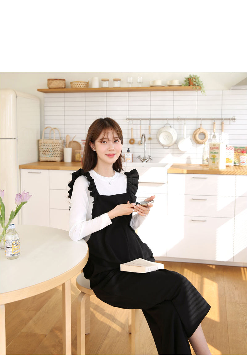Frilled-Strap Wide-Leg Overall Pants