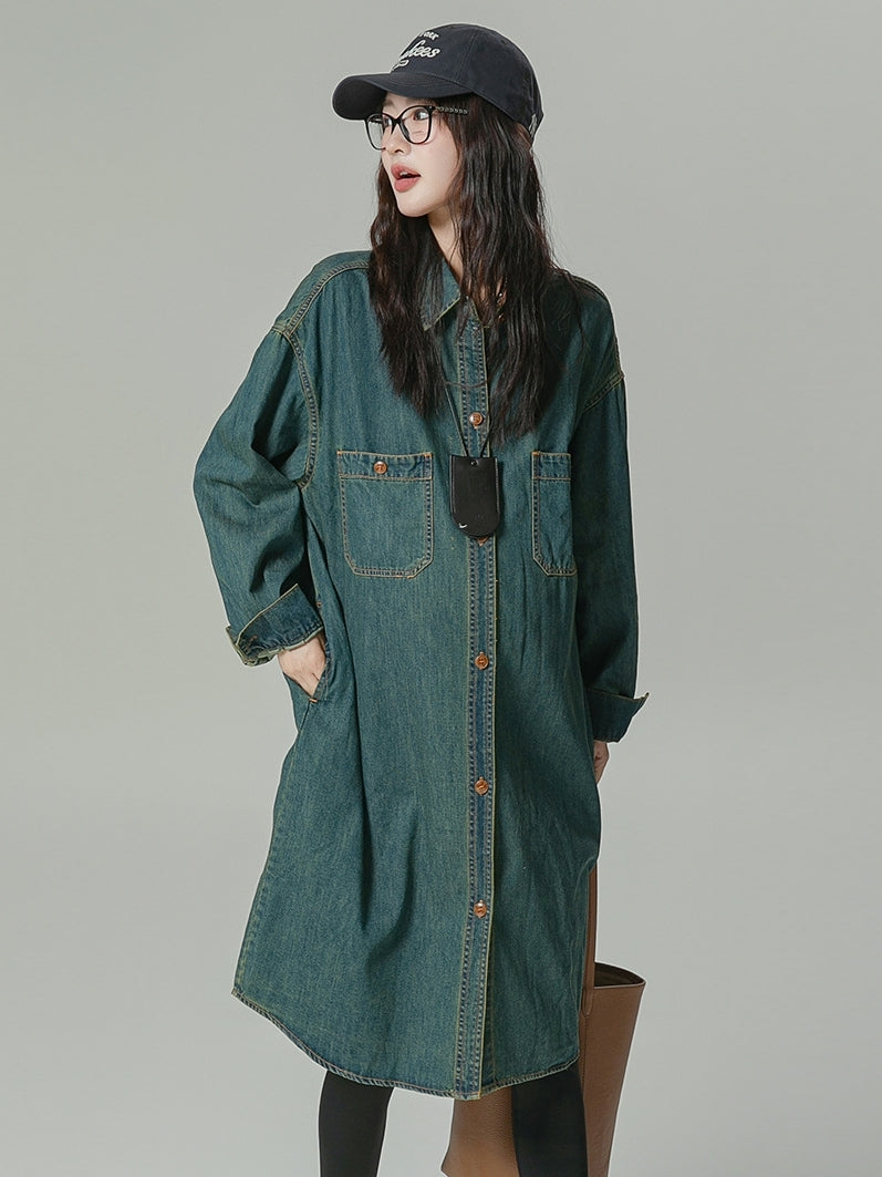 Lapel Oversized Long-Sleeved Denim Dress