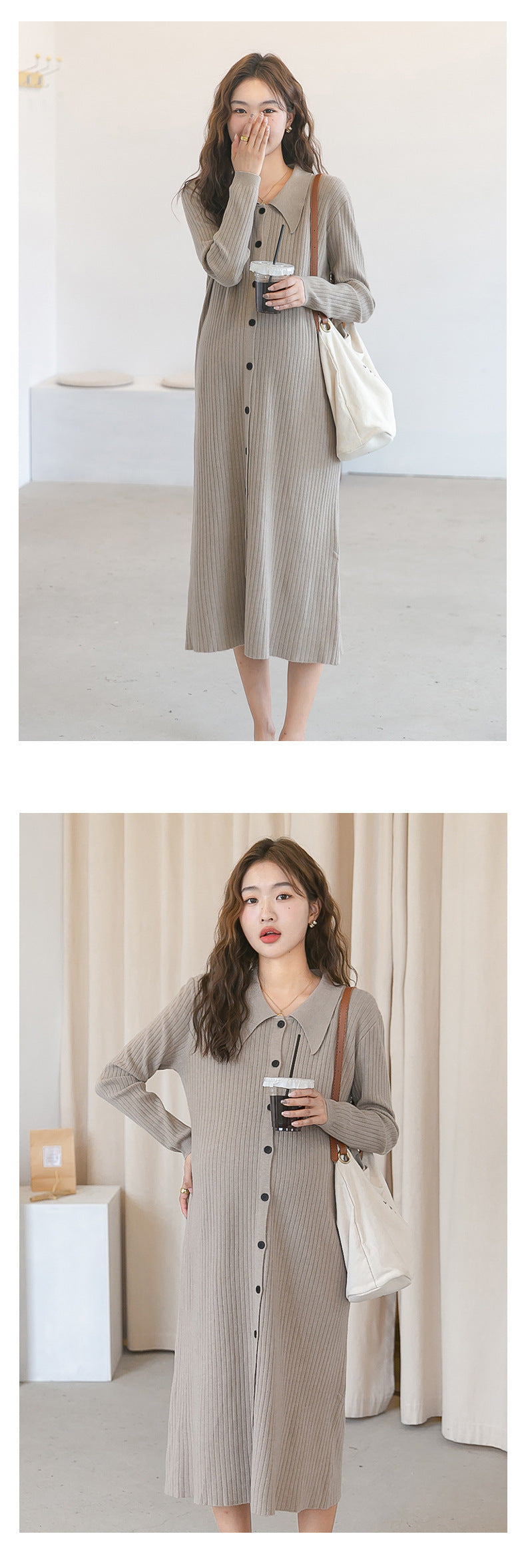 Lapel Ribbed Knit Dress