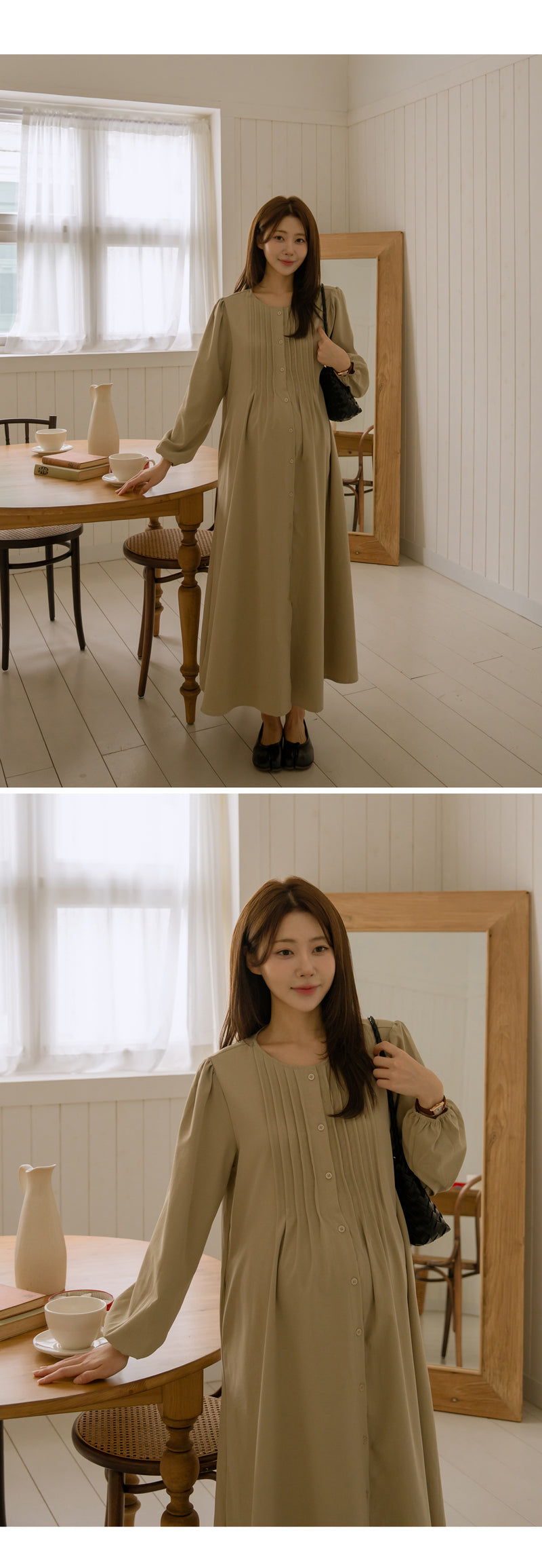 Pin Tuck Open Long Sleeve Maternity Dress