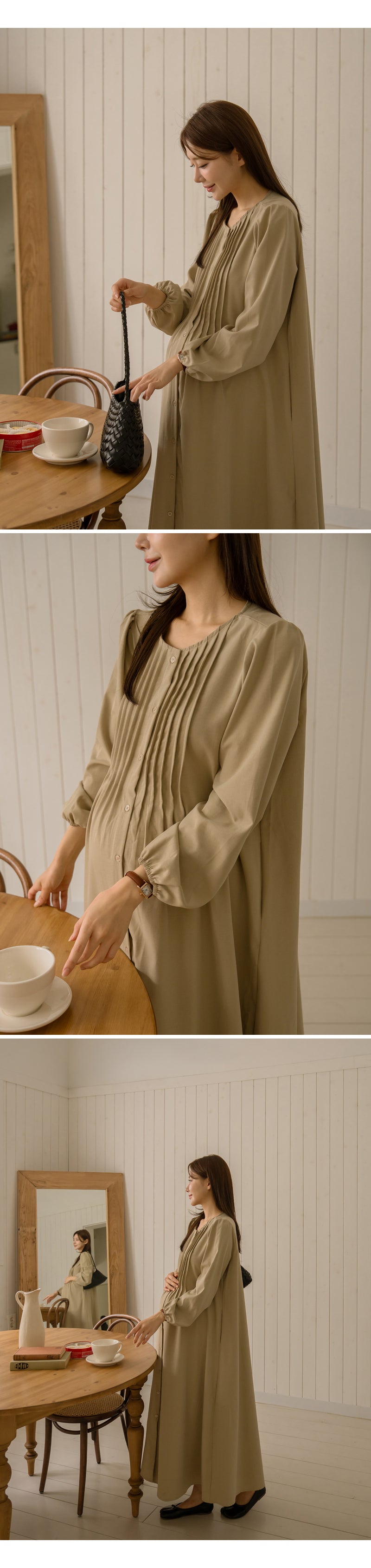 Pin Tuck Open Long Sleeve Maternity Dress
