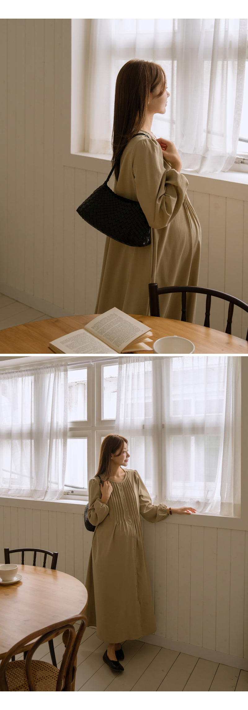 Pin Tuck Open Long Sleeve Maternity Dress