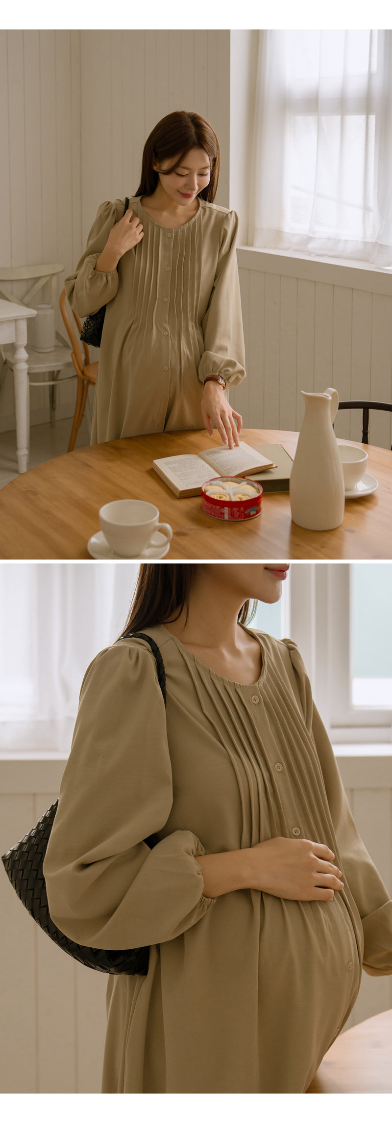 Pin Tuck Open Long Sleeve Maternity Dress