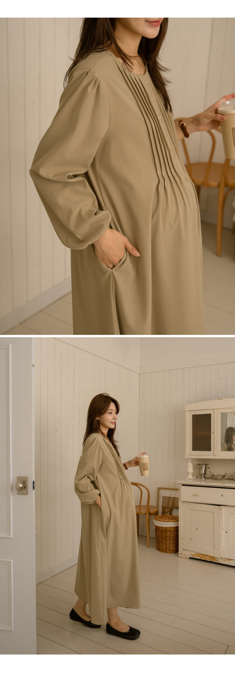 Pin Tuck Open Long Sleeve Maternity Dress