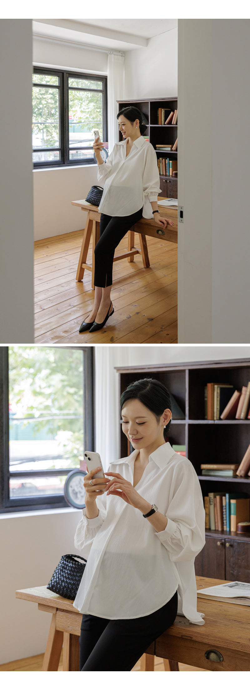 翻領抗皺寬鬆版型孕婦襯衫